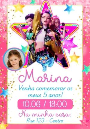 Convite de Aniversário Guerreiras do K-Pop com Foto para Editar
