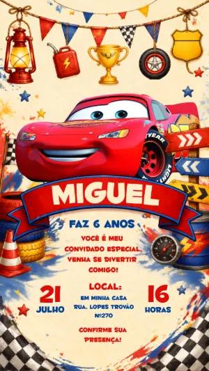 Convite de Aniversário Carros: Relâmpago McQueen Editável