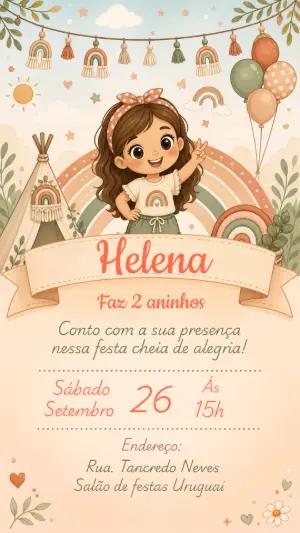 Convite de Aniversário Arco-íris Boho Editável para Menina