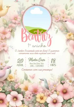 Convite Aniversário Jardim Encantado com Pássaros Editável