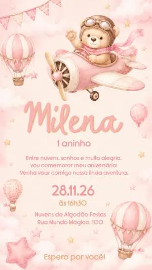 Convite Aniversário Ursinha Aviadora Rosa Editável