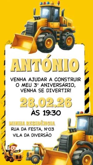 Convite de Aniversário Trator e Construção Editável