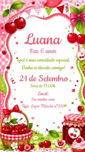 Convite de Aniversário Cerejinha Rosa para Editar