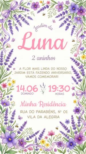 Convite de Aniversário Jardim de Lavanda Aquarela Editável