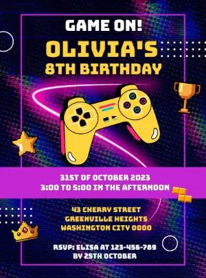 Video Game Birthday Invitation with Neon Controller to Edit