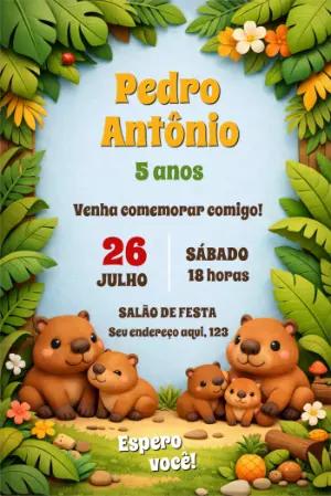 Convite Aniversário Capivara Fofa na Selva Modelo Editável