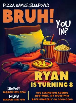 Editable Gamer Sleepover Party Invitation with "Bruh" Theme