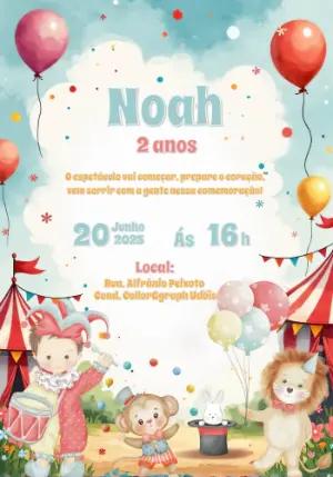 Convite Aniversário Circo com Animais Fofos para Editar Online