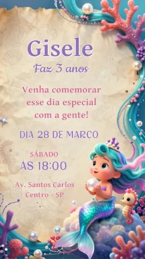 Convite de Aniversário Sereia Fofa Fundo do Mar Editável