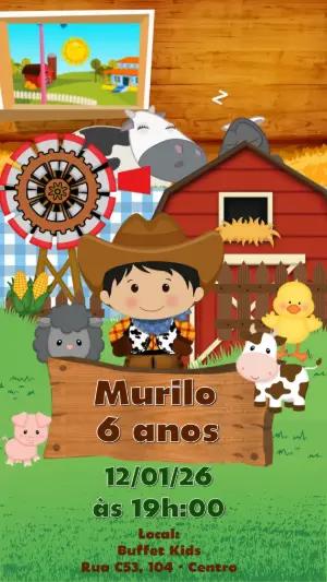 Convite Animado Aniversário Fazendinha Cowboy para Editar