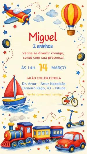 Convite de Aniversário Meios de Transporte Aquarela para Editar
