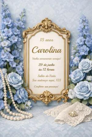 Convite de 15 Anos Clássico Azul e Dourado para Editar