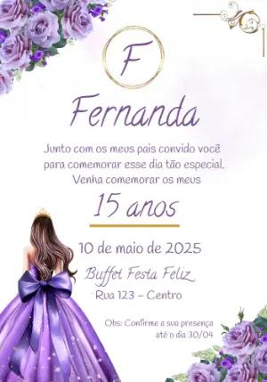 Convite 15 Anos Princesa Lilás para Editar Online