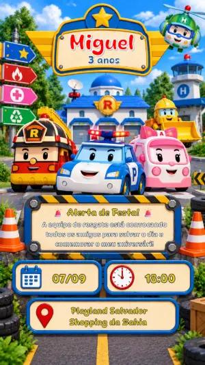 Convite de Aniversário Robocar Poli Digital para Editar