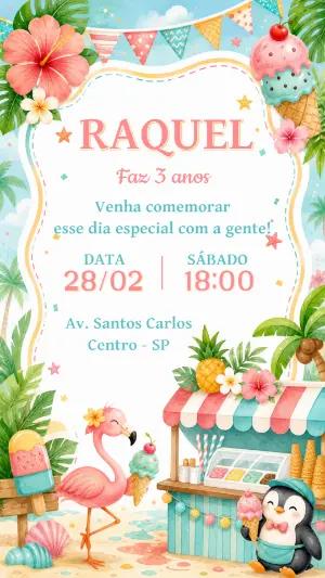 Convite Festa de Verão Flamingo e Pinguim para Editar