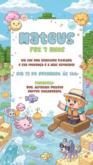 Convite Aniversário Minecraft Kawaii para Editar Online