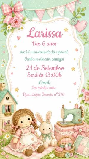 Convite de Aniversário Boneca de Pano e Coelhinha Editável