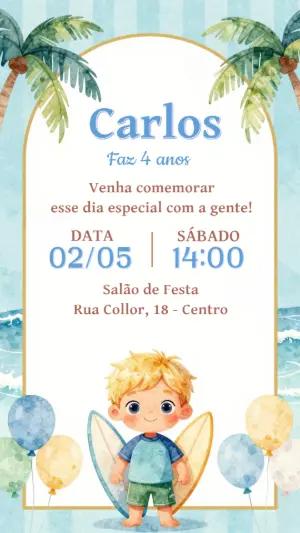 Convite de Aniversário Praia Surfista para Editar Online