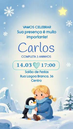 Convite de Aniversário Infantil Inverno com Pinguim Editável