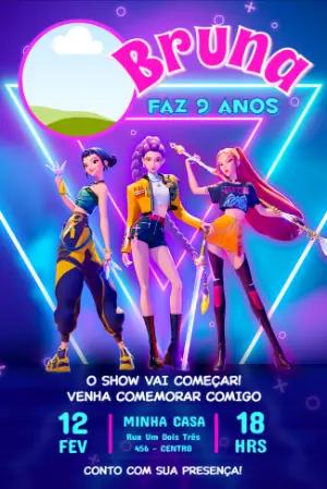 Convite de Aniversário Guerreiras do Kpop Editável com Foto