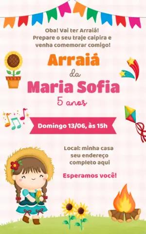 Convite de Festa Junina Infantil Menina Caipira Editável