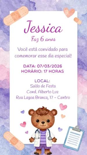 Convite Digital Infantil Tema Ursinho Doutor para Editar