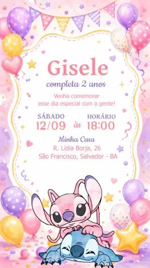 Convite de Aniversário Angel e Stitch Aquarela para Editar