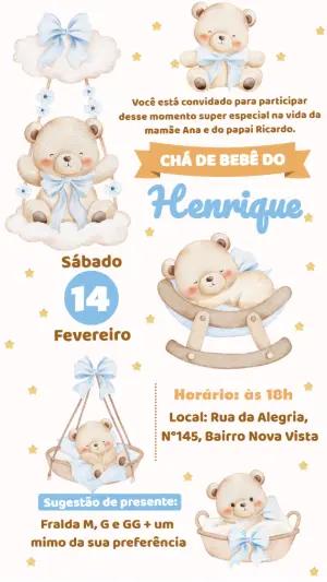 Convite Chá de Bebê Ursinho Aquarela Azul para Editar Online