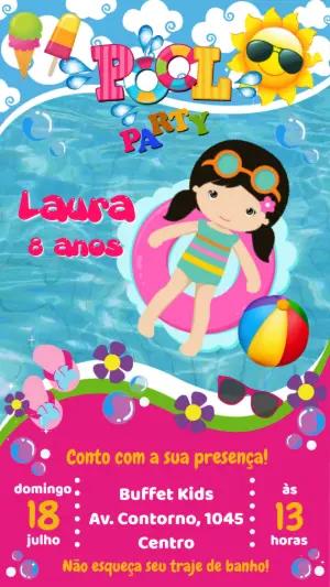 Convite Animado Aniversário Pool Party Menina para Editar Online