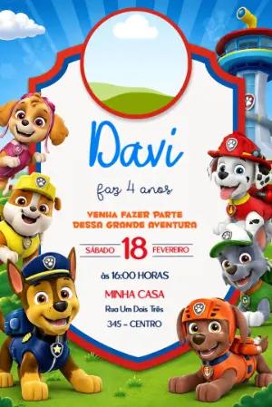 Convite de Aniversário Patrulha Canina com Foto para Editar