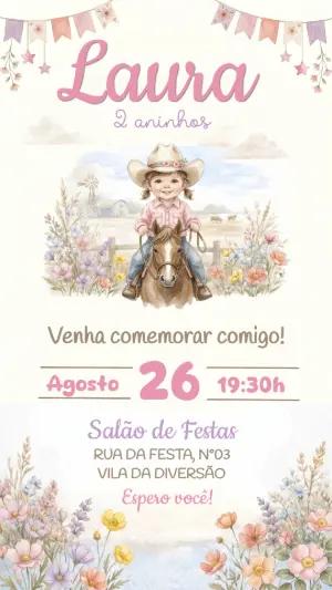Convite de Aniversário Cowgirl Aquarela Delicado para Editar