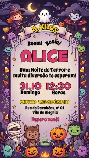 Convite de Aniversário Halloween Fofo com Monstros Editável