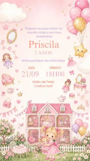 Convite de Aniversário Casa de Boneca Aquarela para Editar