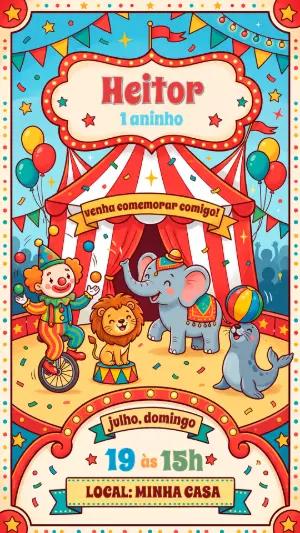 Convite de Aniversário Circo Infantil Colorido para Editar