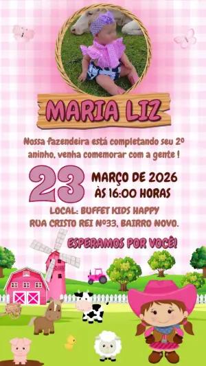 Convite de Aniversário Fazendinha Rosa com Foto para Editar