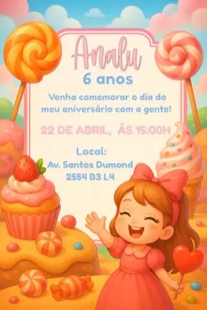 Convite de Aniversário Mundo dos Doces para Editar Online