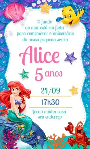 Convite de Aniversário Editável da Pequena Sereia Ariel