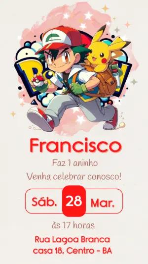 Convite de Aniversário Pokémon Ilustrado para Editar