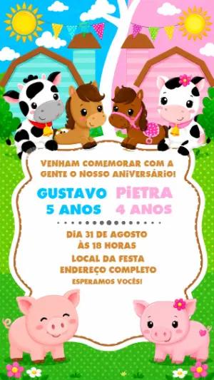 Convite Duplo Fazendinha Azul e Rosa para Editar