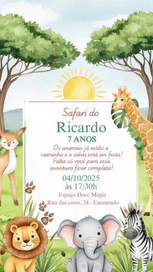 Convite de Aniversário Safari com Animais para Editar Online