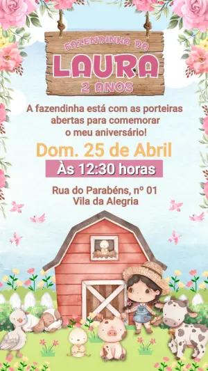 Convite de Aniversário Fazendinha Menina Aquarela Editável