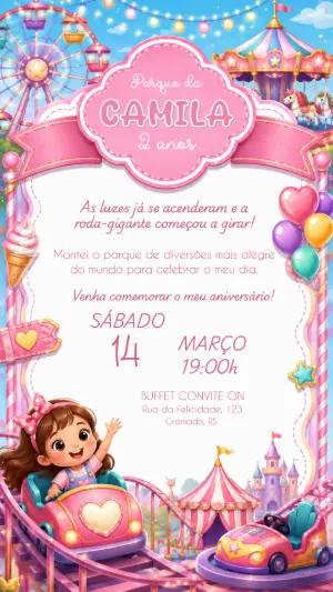Convite de Aniversário Parque de Diversões Rosa para Editar