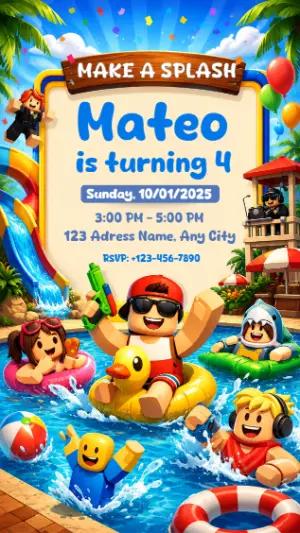 Editable Roblox Pool Party Birthday Invitation for Kids