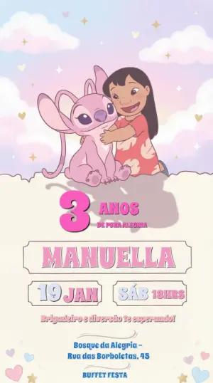 Convite Aniversário Infantil Angel e Lilo Rosa para Editar