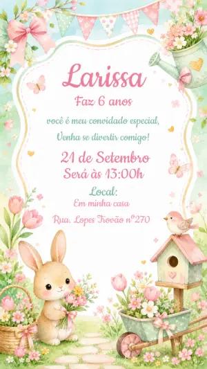 Convite Aniversário Coelhinha Jardineira Editável