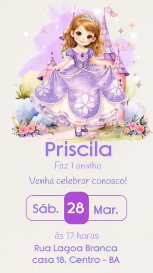 Convite de Aniversário Princesa Lilás Aquarela para Editar