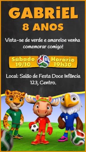 Convite de Aniversário Futebol com Mascotes Colorido para Editar