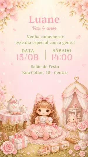 Convite Aniversário Chá de Boneca Editável para Menina