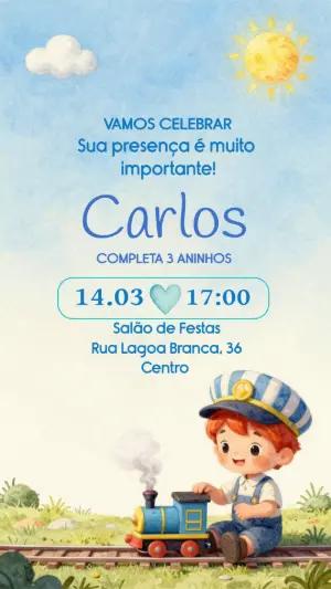 Convite de Aniversário Infantil Trem Aquarela Editável