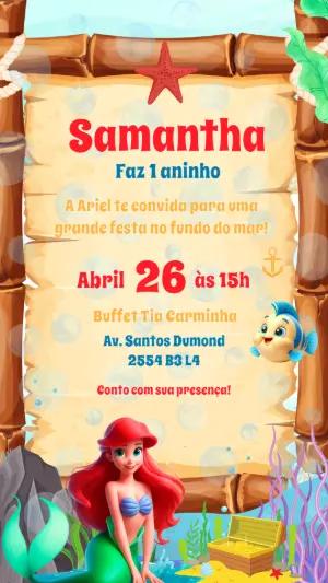 Convite Aniversário Ariel Pequena Sereia para Editar Online